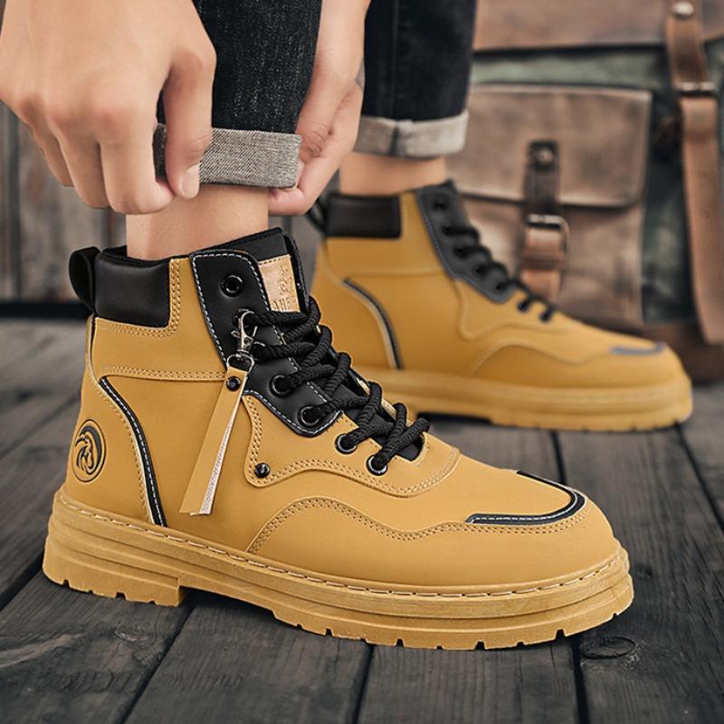 Fashion Men Boots 2024 Autumn High Top British Korean Thick Soled Platform Comfortable Non Slip Short Boots Outdoor Lace Up Cotton Boots