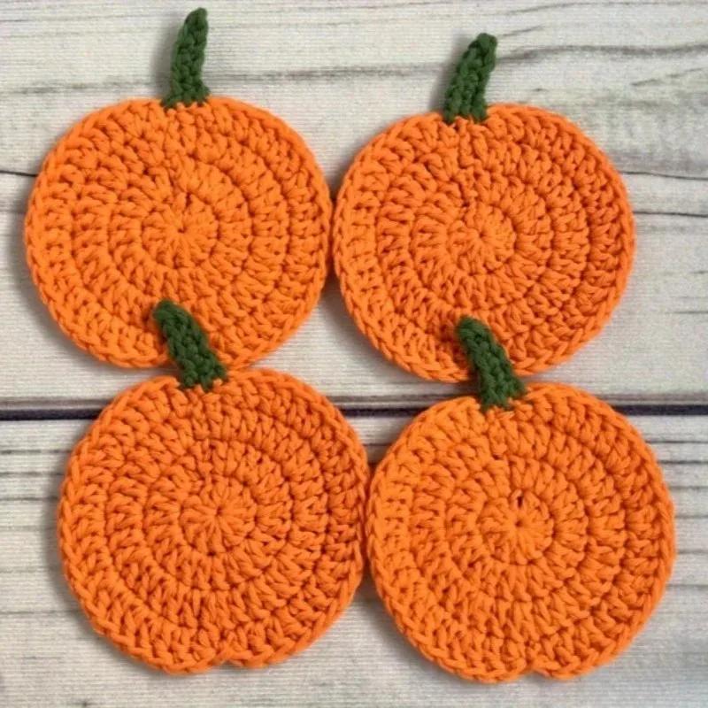 Halloween Fabric Handmade Pumpkin Coasters Yarn Drink Mats Kitchen Dining Tableware Heat Resistant Decor Gift