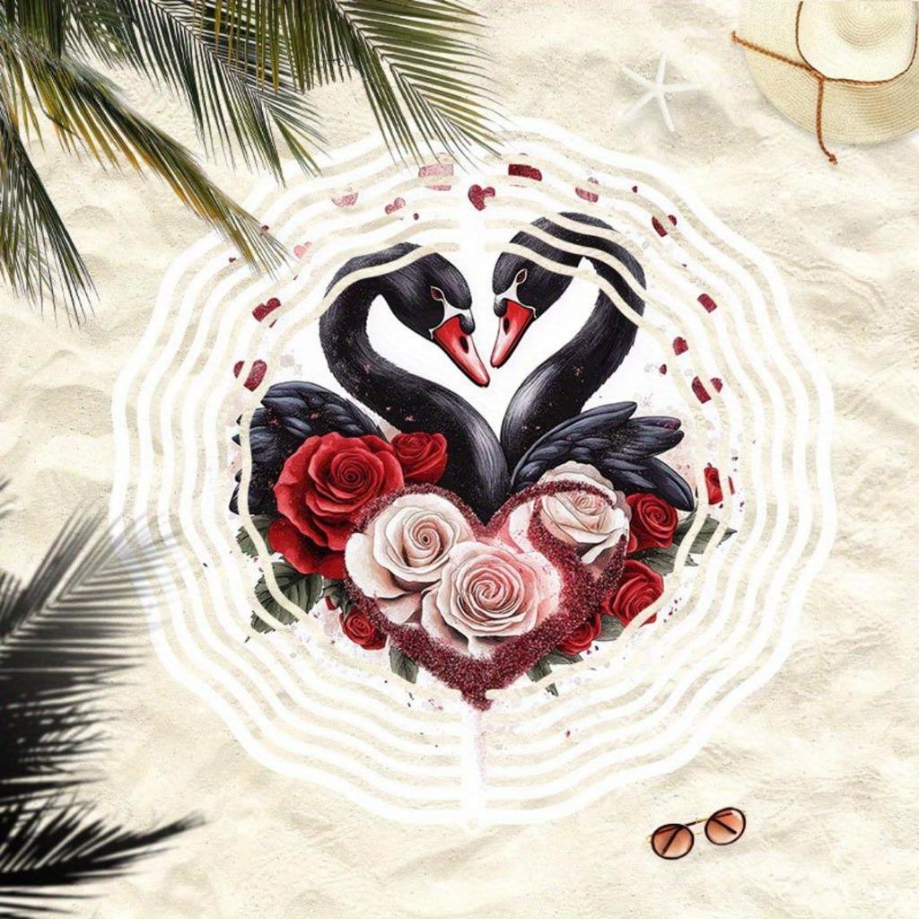 Dynamic Metal Windmill Wind Chime with 2D Mandala Rose and Black Swan Pattern Durable Outdoor Garden Art Sculpture Hanging Decor