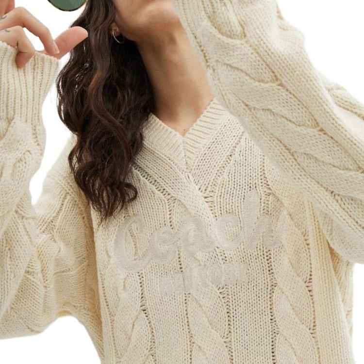 Coach Solid Color Logo Embroidered Cable Knit V-Neck Sweater Unisex Sweater Ivory CP972-VT5