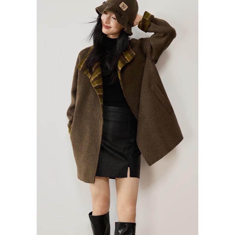 VICTORIA&VERA Women's Retro Plaid Alpaca Blend Double-faced Wool Coat