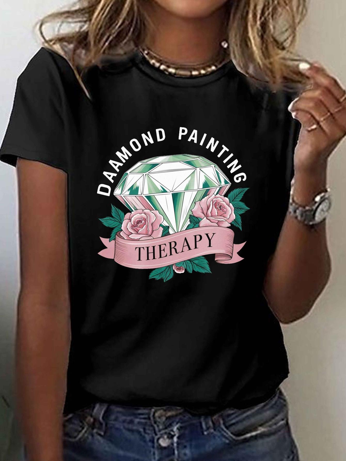 

Roses DIAMOND PAINTING Relax Print T-shirt, Short Sleeve Crew Neck Casual Top for Summer & Spring, Women s Clothing S чёрный