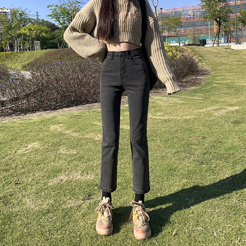 Trendy Women's High Waist Velvet Slimming Straight-Leg Jeans for Winter