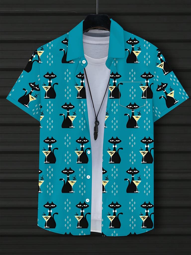 Men'S 3D Digital Print Summer Short-Sleeve Shirt Featuring a Black Cat Cocktail Glass Design, with Buttons, a Collar, And a Regular Fit. This Stylish