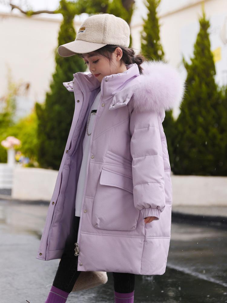 2024 Mid-Length Girls' Thick White Duck Down Jacket - Korean Style Warm Winter Outerwear