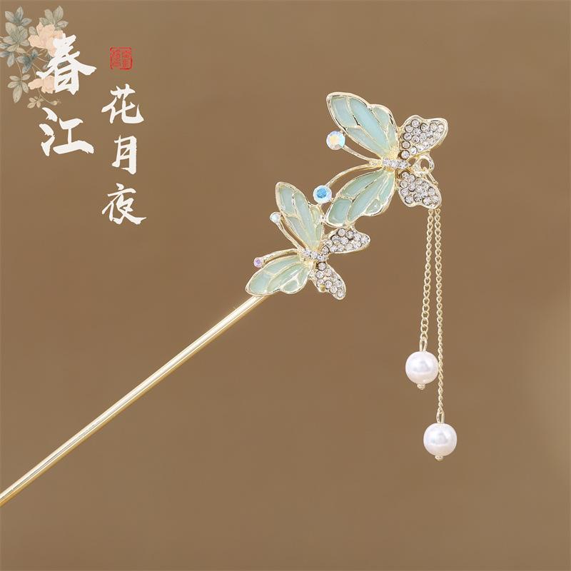 

Элегантная заколка для волос с кисточкой в виде цветка для женщин, ручная работа, с капающим маслом, жемчугом, бабочкой, палочка для волос, аксессуары для волос для платья ханьфу, ципао