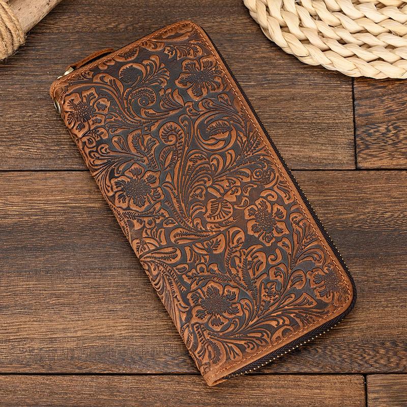 Men's Zip Long Wallet Natural Cow Skin Purse Leather Credit Bank Card Cash Cell Phone Wallets Men Women Male High Quality