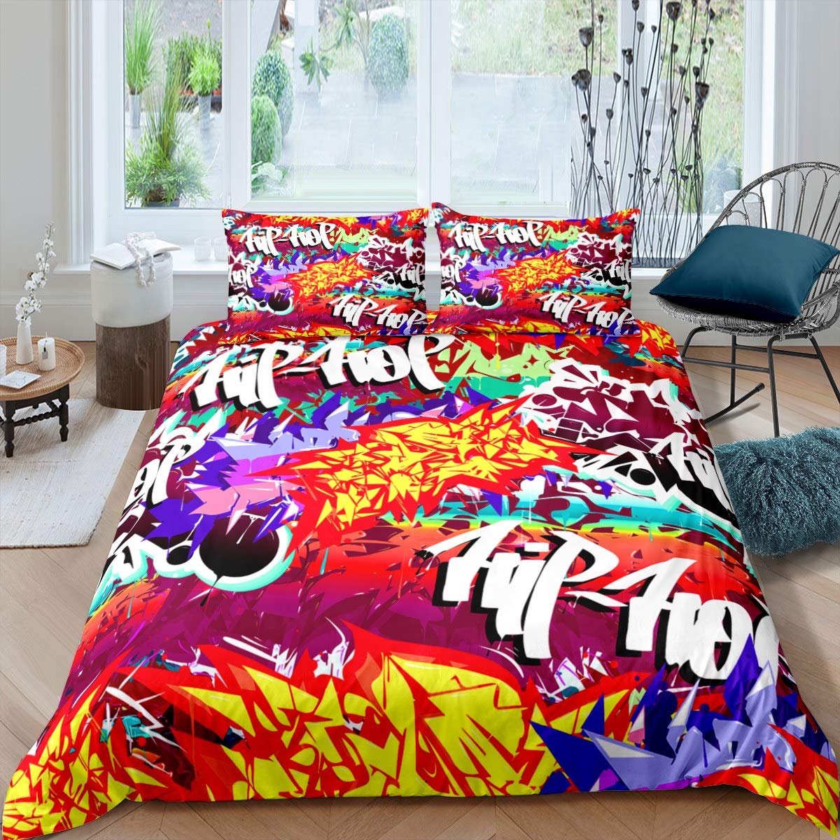 

Дитячий постільний комплект Графіті, Покривало в стилі Хіп-хоп Вуличне мистецтво для хлопчиків та дівчаток, Модний декор Покривала Акварельний живопис 140x200cm 3pcs