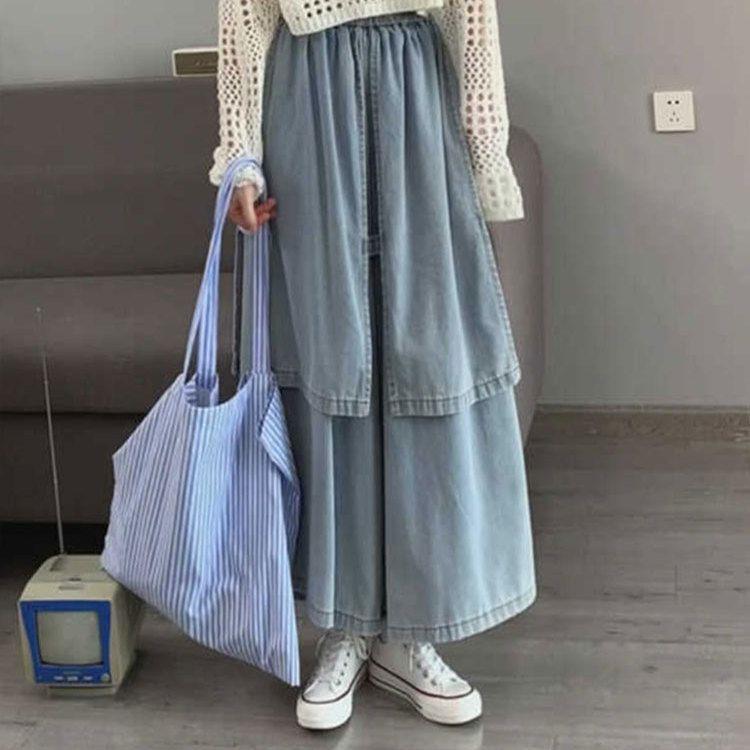

Women s Retro Patchwork Denim Skirt Pants - Wide-Leg, Two-Piece Style for Spring & Autumn Small синий