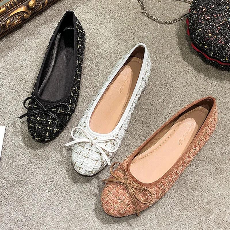 Women Sweet Bowknot Ballet Flats Shoes Lady Luxury Tweed Pumps Comfortable Round Toe Slip-on Scoop Shoes Soft Sole Casual Shoes
