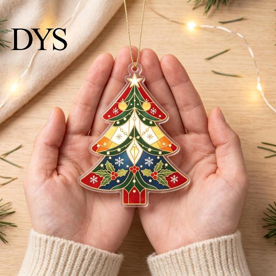 2D Flat Xmas Tree Decoration Acrylic Christmas Ornament, Vintage Stained Multipurpose Holiday Party Ornament Glass Style Hanging Pendant, Festive