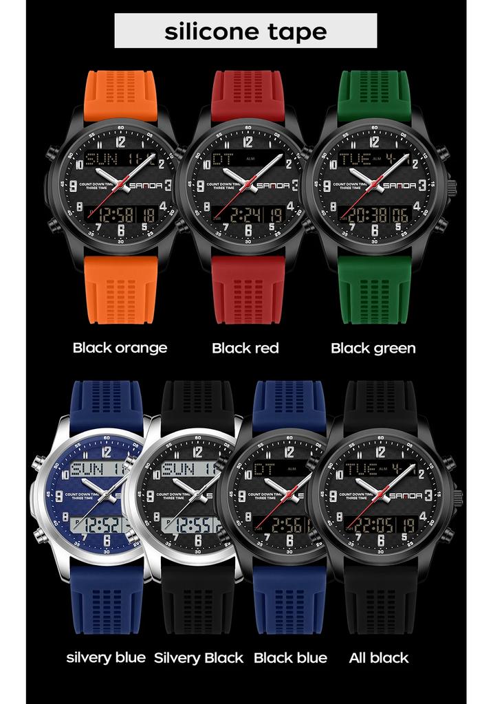 SANDA 9119 Dual Display Steel Belt Watch Men's Double Movement Multi functional Timing Night Light Alarm Clock 5ATM Waterproof-2