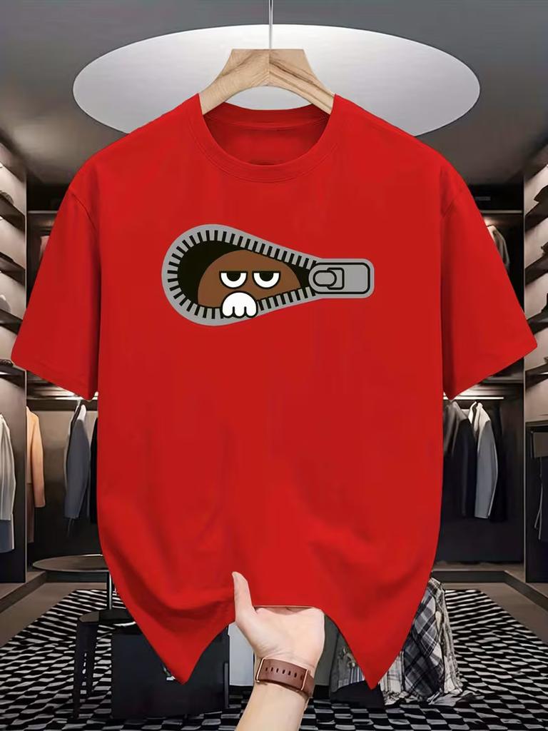 Unisexs Bear Print TShirt Zipper Summer Casual Streetwear Short Sleeve Tee Top