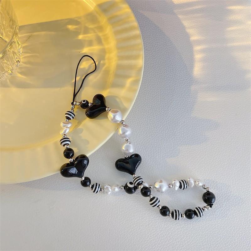 Korean Bow Mobile Phone Chain Crossbody Bead Hanging Rope Wrist Short Pendant Pearl Peach Heart