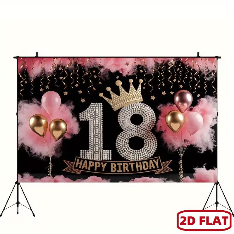 2D Outdoor 18th Birthday Backdrop with Crown & Balloons for Girls Party