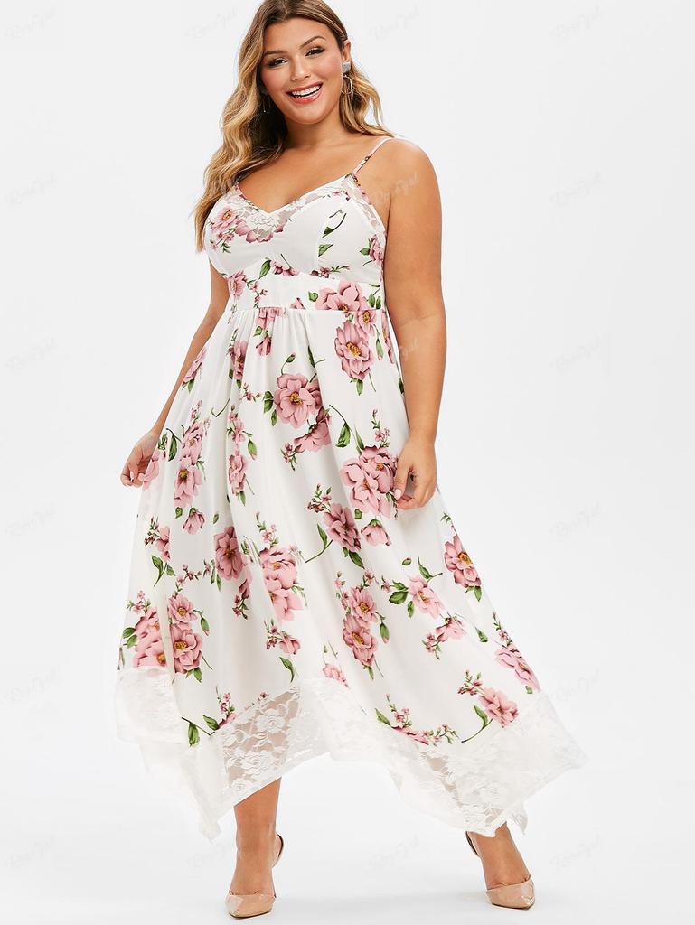 Rosegal Plus Size Flower Print Blonde Panel Asymmetrisk Kjole
