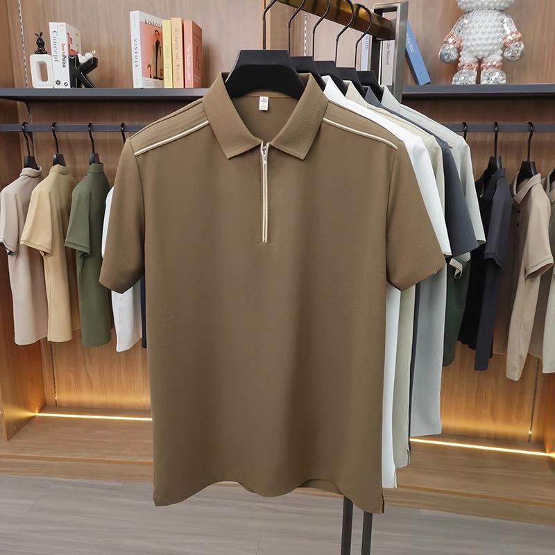Jin An Men's Seamless Short-Sleeve Spliced Polo Shirt with Half-Zip and Split Hem