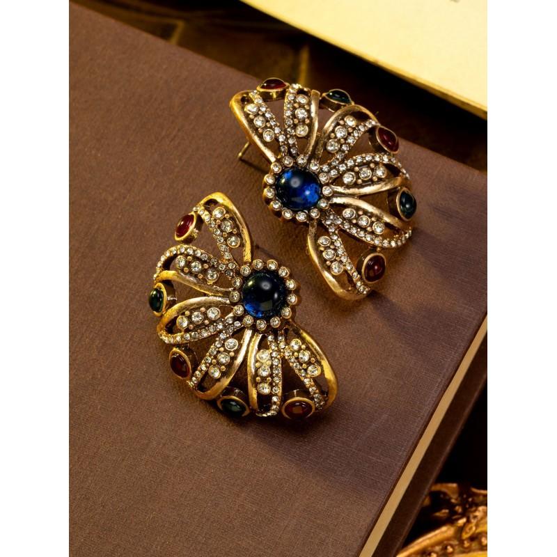 Vintage Colored Rhinestone Inlaid With Flower Earrings Light Luxury Retro Style Medieval Hollowed Out