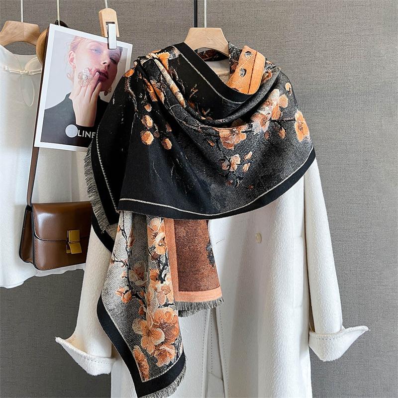 65*190cm Winter Warm Women Scarf Double-Sided Flower Faux Cashmere Scarves Luxury Wrap Shawls High-Quality Pashmina