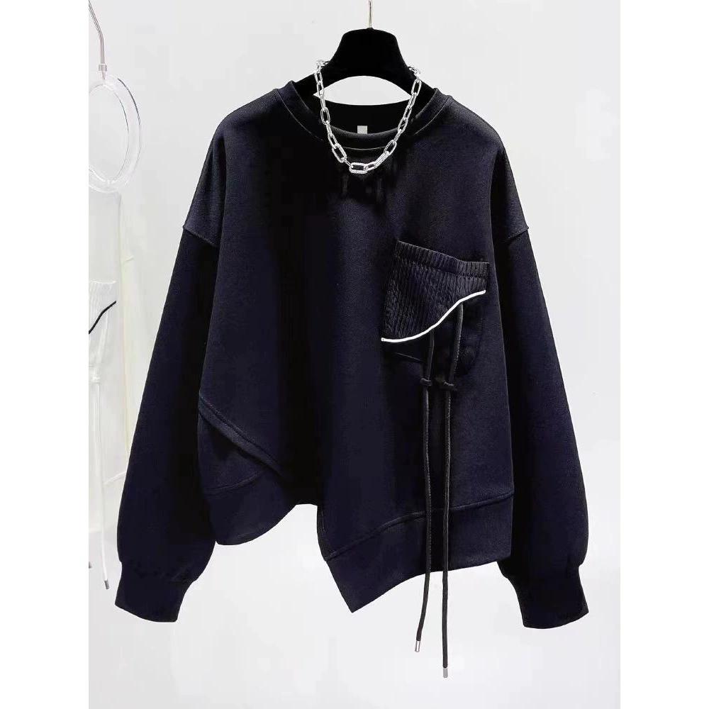 

Women s Spring and Autumn Temperament Loose Niche Design Short Top Solid Color Sweatshirt XL чорний
