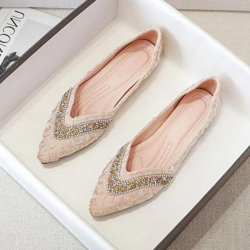 Fashion With Heel Ladies Footwear Wrinkles Pointed Toe Apricot Women's Flat Shoes Elegant Party On Offer Chic Point Discount Promotion