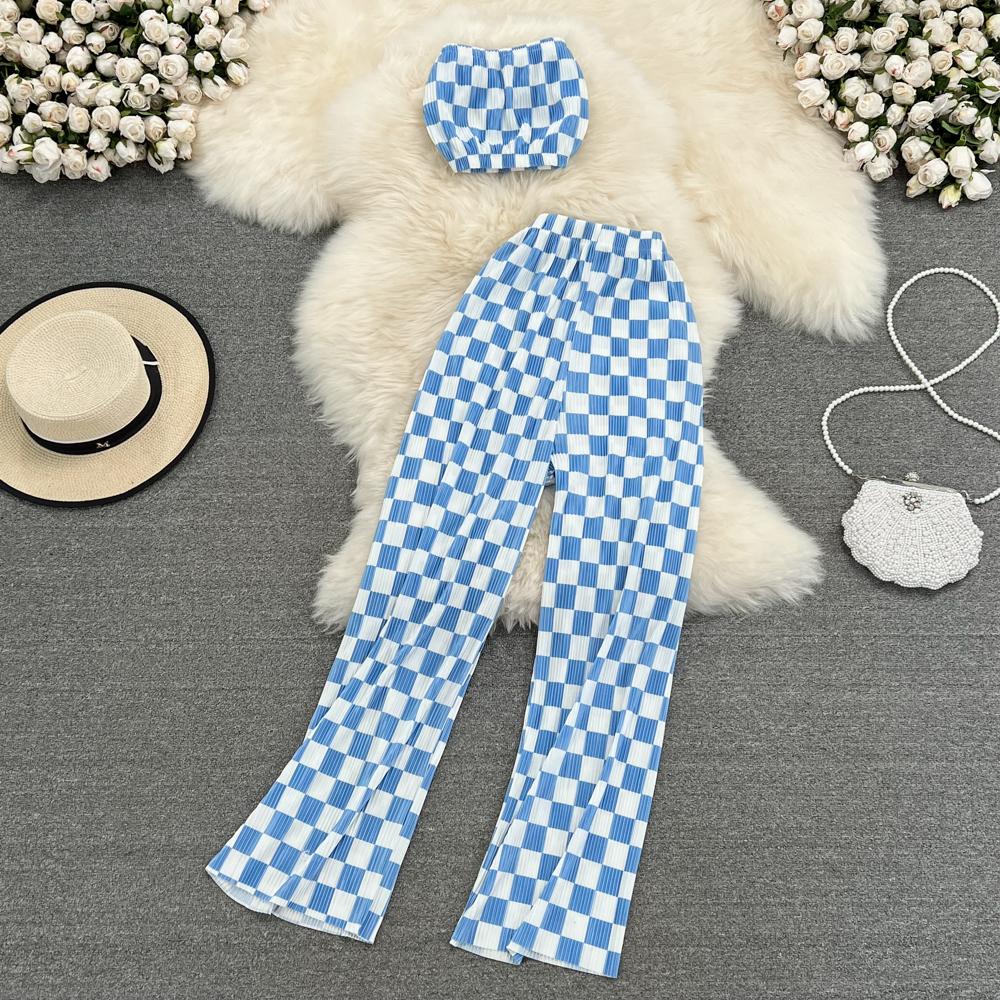 RUGOD 2022 Modeanzug Damen Sexy Tube Top Zweiteiliger Anzug mit hoher Taille Drapieren Lässige Farbverlaufsfarbe Gerade Hose mit weitem Bein