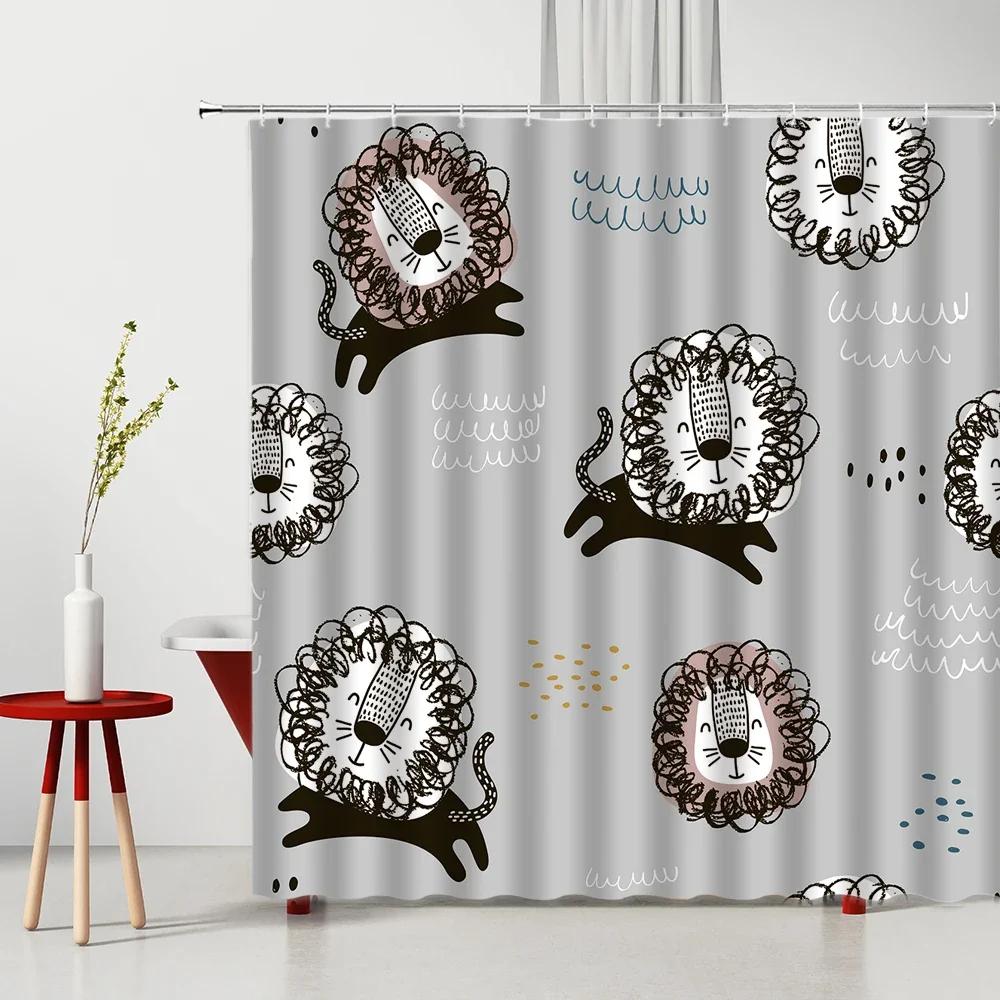 Legrační kočičí sprchový závěs Roztomilý kreslený lev Dinosaurus Zvířecí vana Zástěna Vodotěsné polyesterové závěsy pro děti Toaleta Koupelna