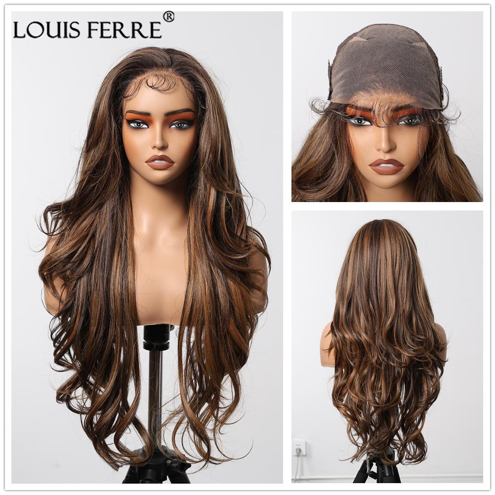 LOUIS FERRE HD 13x6 Lace Wigs Synthetic Black Wig Long Wavy Wigs with Baby Hair for Women Daily Party Heat Resistant Fiber Wigs