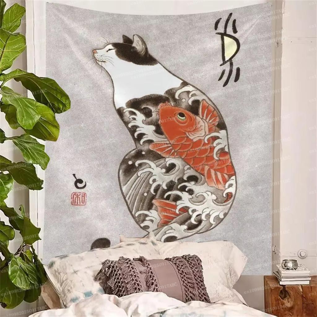 Room Decorations Japanese Samurai Tattoo Cat Anime Tapestry Wall Hanging Wall Art Cartoon Kawaii Bedroom Print Picture Living