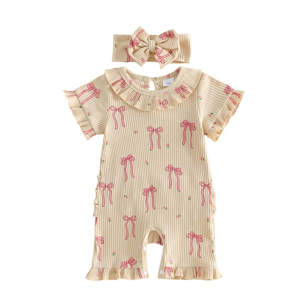 Toddler Girls Floral Print Sleeveless Romper with Ruffled Hem and Matching Headband Set for Summer Outfits
