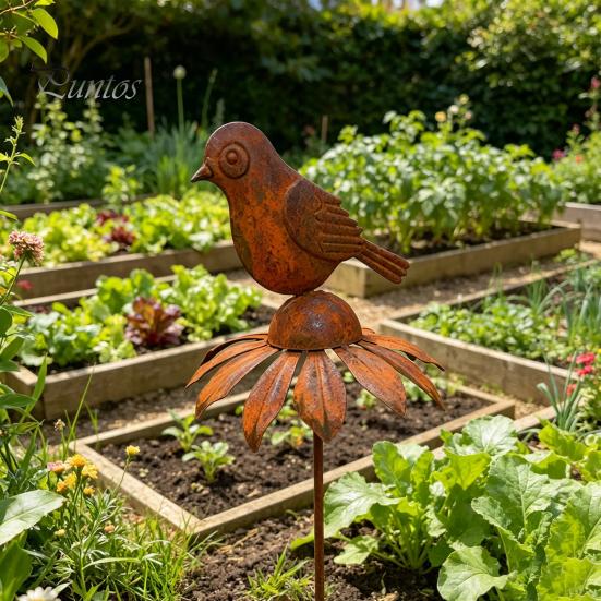 Retro Rust Finish Garden Stake Rusty Decorative Stakes, Metal Flowers Birds Decoration, Daisy Ground Bird Stake, Plant Container Decorations