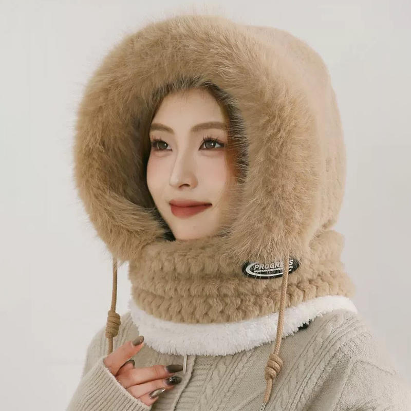 Winter Thermal Plush Hat for Women with Hood Scarf And Mask Windproof Ear Protection Thick Design for Outdoor Riding 1-5PCS Set