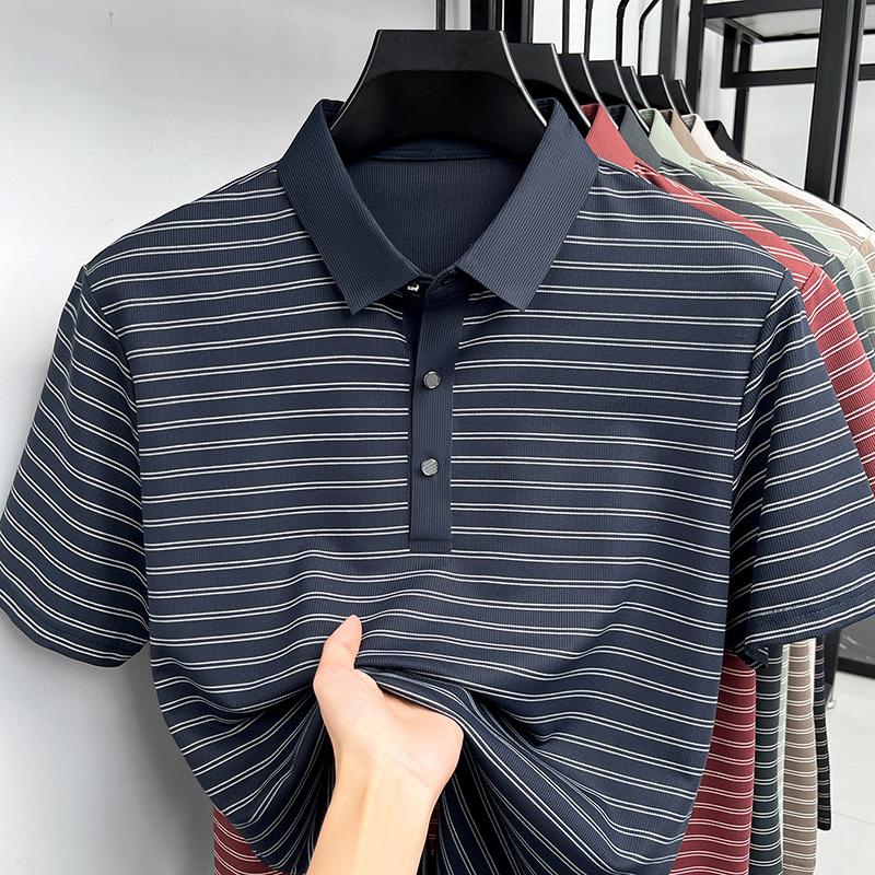 Summer Short Sleeve Lapel Collar Striped Polo Shirt Casual Top Wrinkle-Resistant T-Shirt M