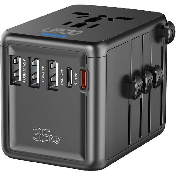 Universal Travel Adapter 35W PD Fast Charging Offers 3X2.4A USB-A Ports, 2X USB-C Ports and Multi AC Outlet, International Plug Converter Worldwide