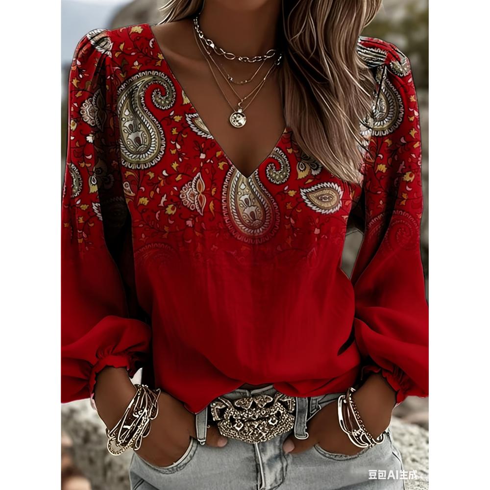 Printed retro western-style shirt, V-neck women's long-sleeved top, Bohemian-style fringed sleeve design, suitable for casual wear and vacation