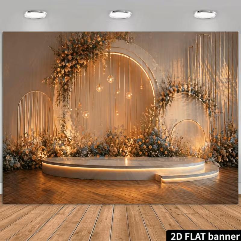 

2D Modern Wedding Background Banner, Floral & Gold Light Backdrop for Ceremony Photoshoot 47.2x31.5inch/120*80cm