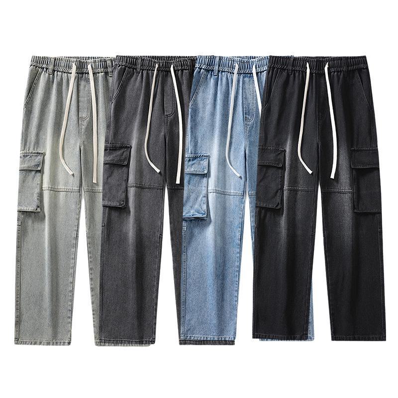 LKTM Men's Japanese Retro Multi-Pocket Workwear Jeans - Loose Straight Wide-Leg Pants