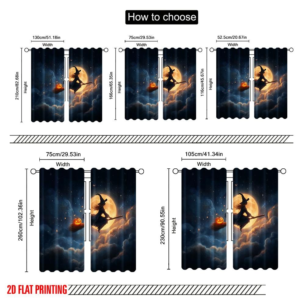 2pcs,2D plane printing Curtains Digital Printed Halloween Witch Flying Square Versatile Fabric (without rod) Versatile All Use