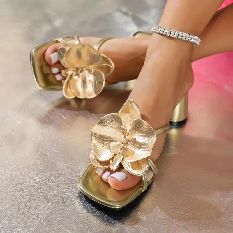 Flower Slippers Women Summer Square Toe Open Toe Cross Slim Strap Non-slip Sexy Light Luxury High Heels