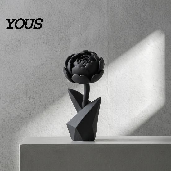 Flower Sculpture 3D Printed Figurine, Small Black Peony Tabletop Ornament Lightweight Decorative Piece for Office Executive Desk, Living Room, Bedroom