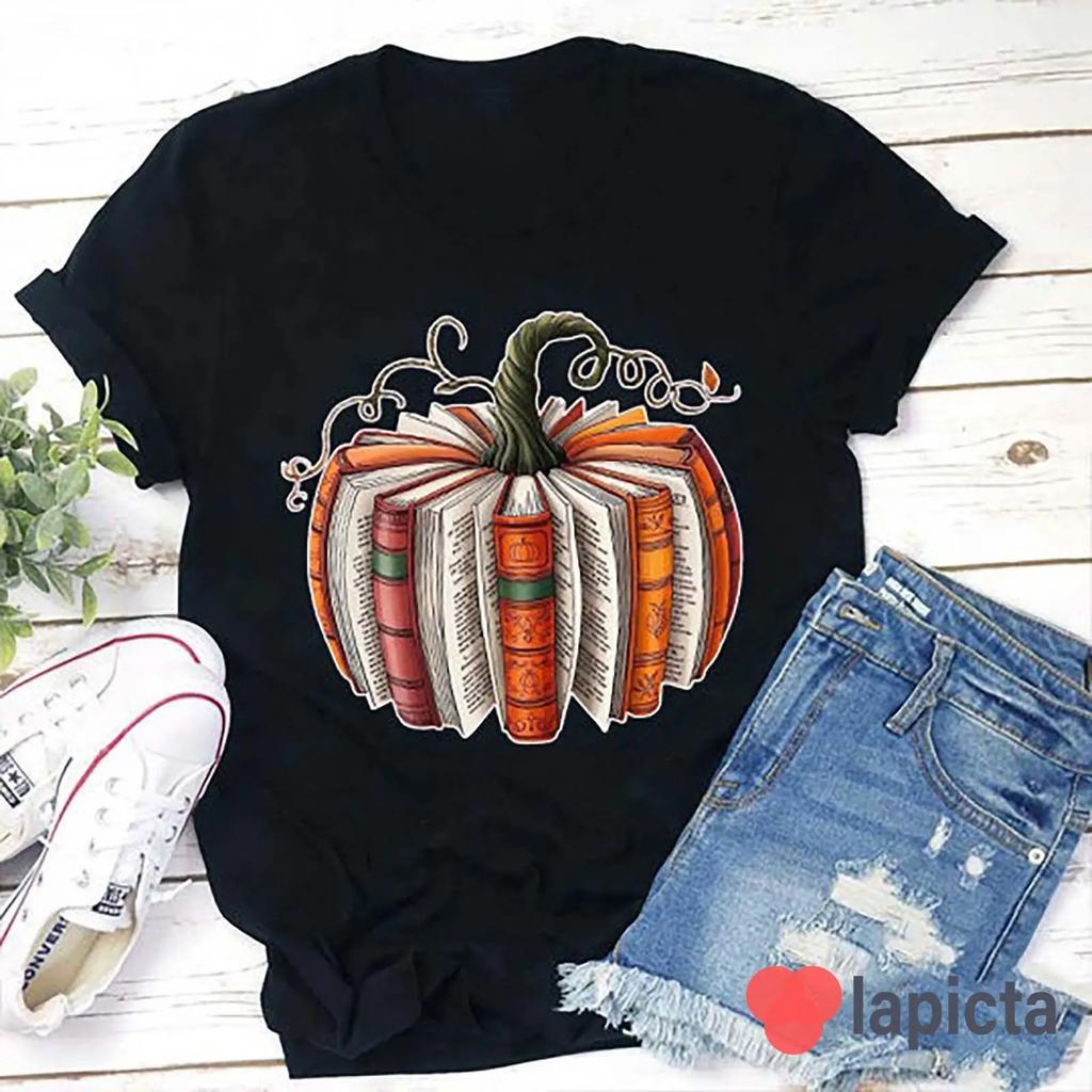Pumpkin Book Teacher T Shirt Fall Halloween Autumn Reading Spooky Season Classroom Outfit Vintage Slightly Stylish
