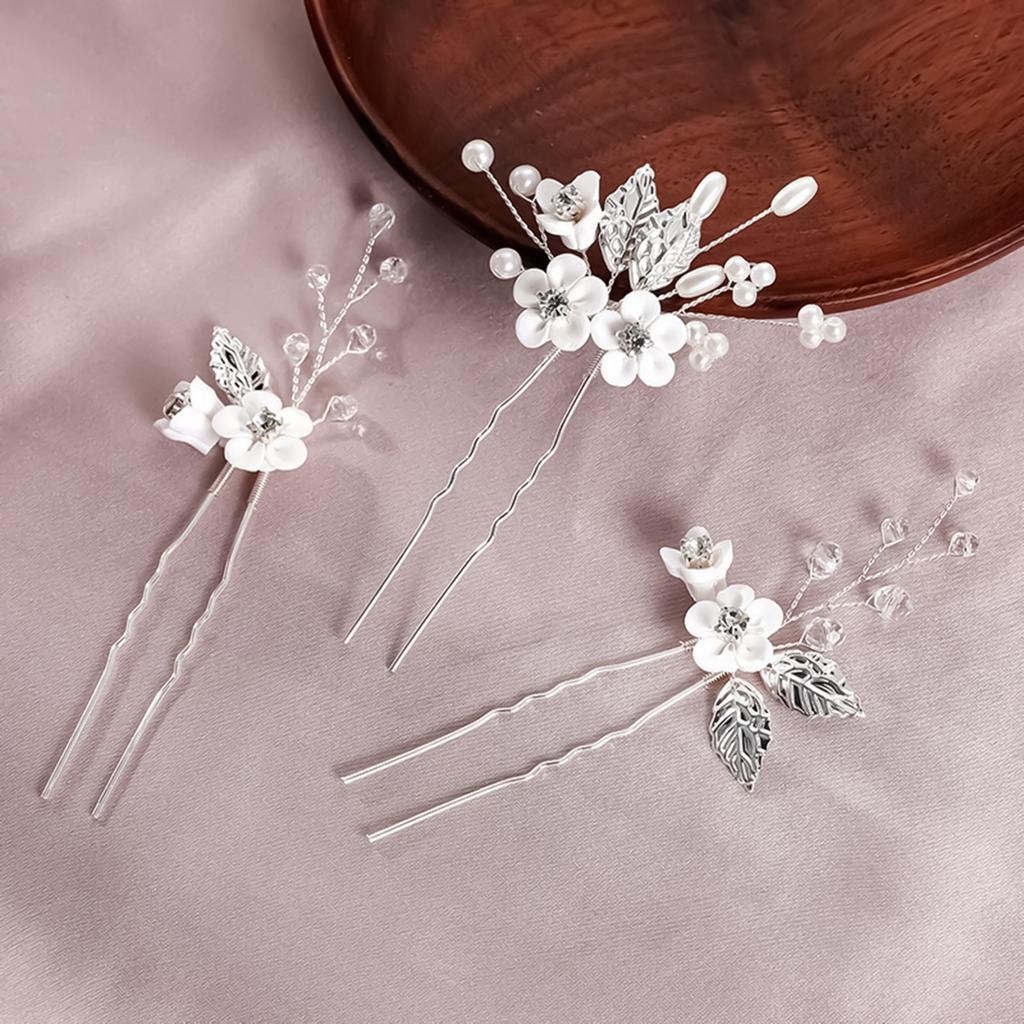 Women Hairpin with Pearl Clay Flower Leaf Hair Accessories Set Lightweight Comfortable Elegant Design For Weddings Parties