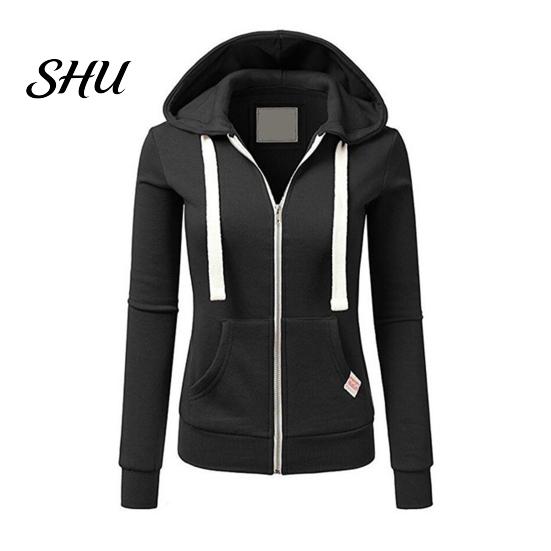 Zipper Hooded Jacket Fall Winter Women Drawstring Zip-up Long Sleeves Pure Color Track Coat Slim Fit Elastic Cuff Cardigan Pockets Sport Fitness