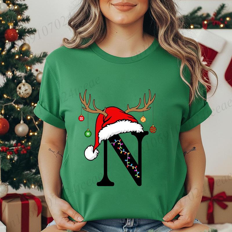 Fashion Christmas Alphabet Santa Reindeer Print T-Shirts Fashion Clothing Short Sleeve T-shirt Christmas Party Trend Women Tops