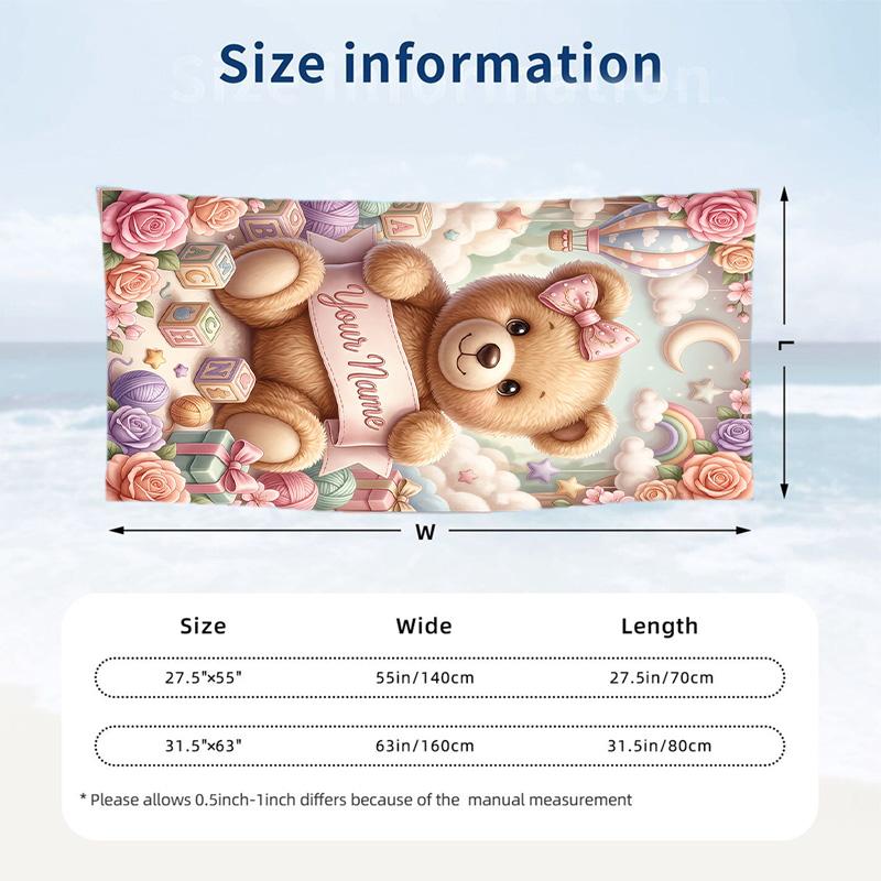 Teddy Bear Theme Beach Towel Personalized Custom Name & Text Soft Quick Dry Beach Towel for Swimming Travel