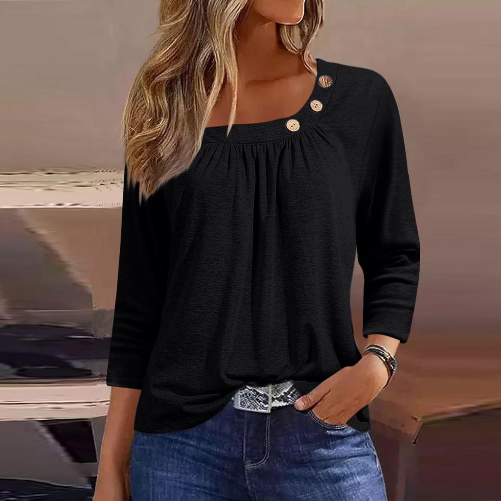 Damen T-Shirt mit Aufdruck, Knopfleiste, 3/4-Ärmel, für den Alltag, Wochenende, modisch, Basic, normale Passform