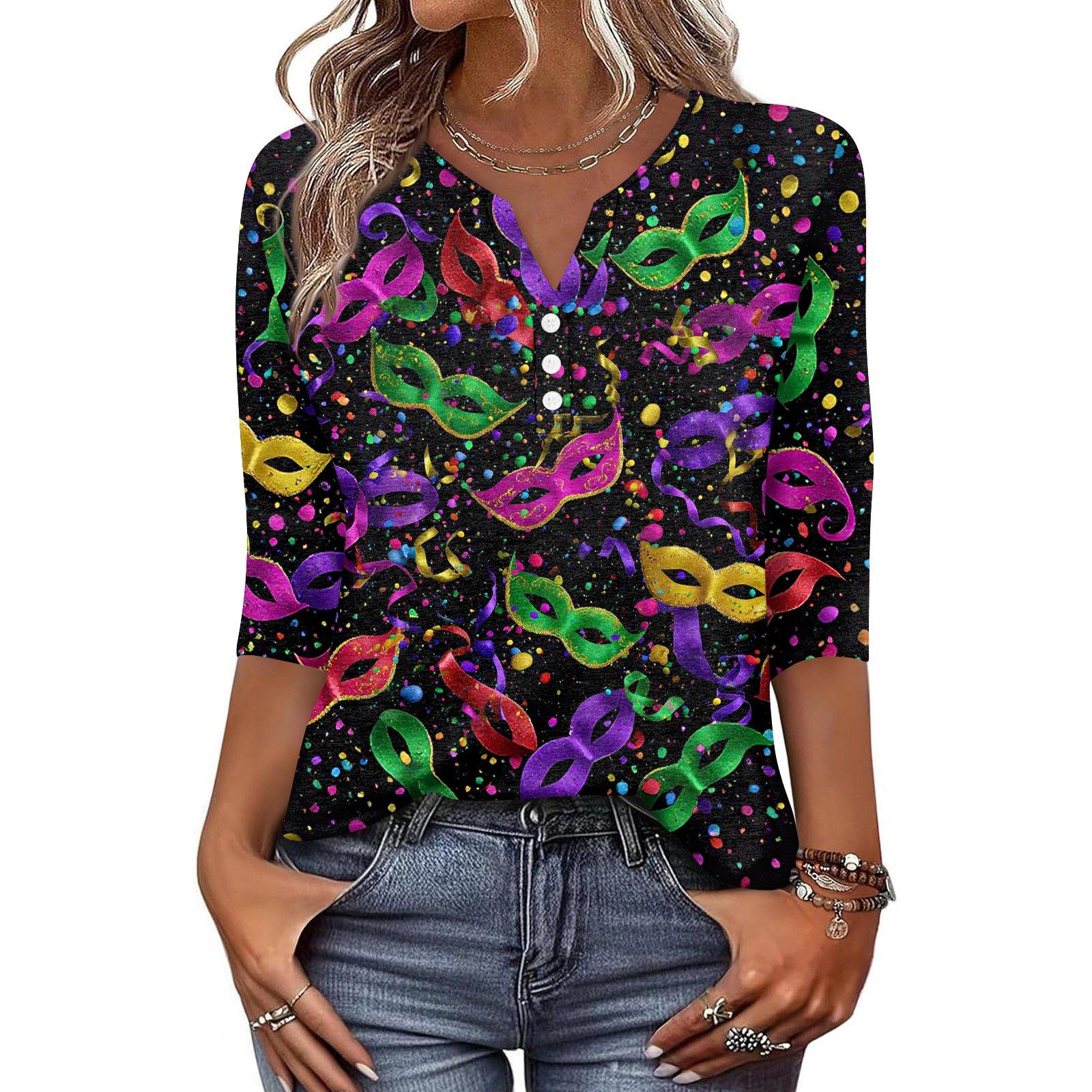 

Жен. Футболка С принтом Пуговицы Рукав 3/4 Повседневные Выходные Мода Классический Классический V-образный вырез Обычный Верх L