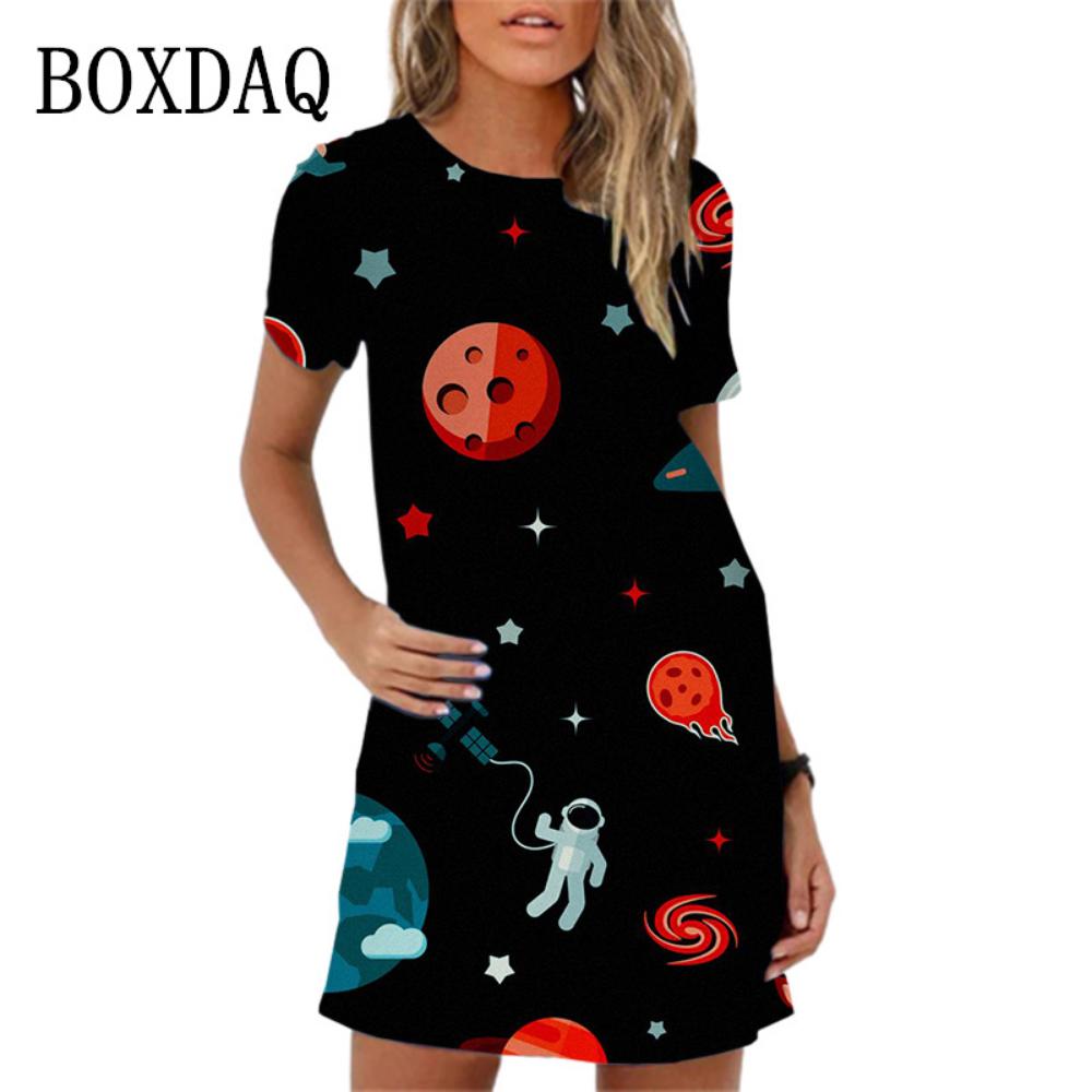 2026 New 3d Colorful Planet Printing Mini Dress Women Summer Short-sleeved Casual Fashion Elegant Round Neck Dress