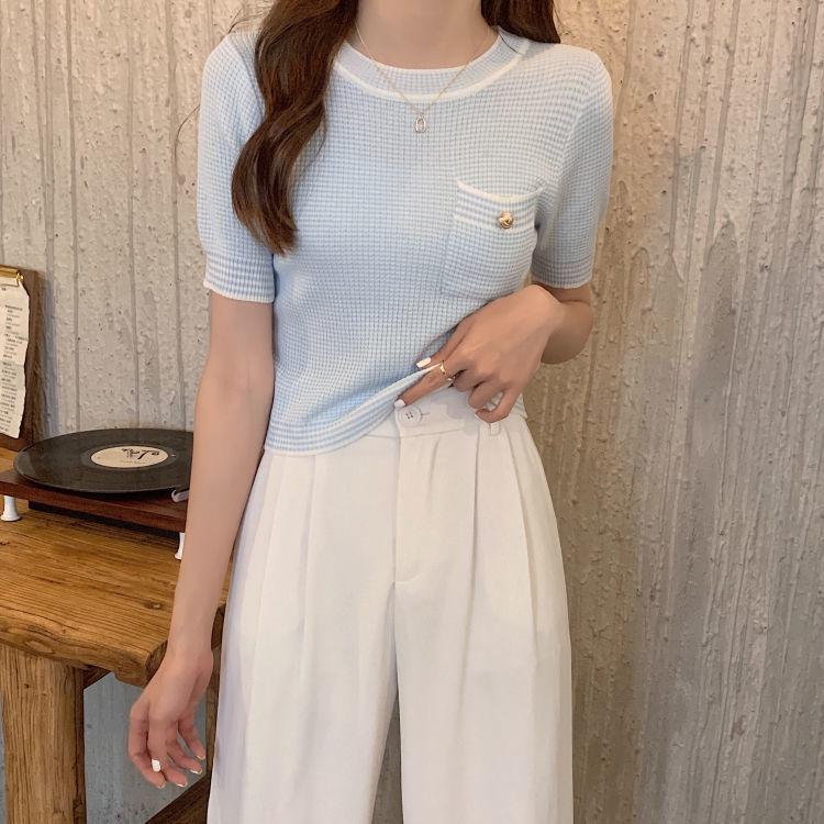 

Лето 2024 г. Корейский облегающий клетчатый свитер с круглым вырезом и короткими рукавами для женщин One Size [Suitable for 75-120 pounds]