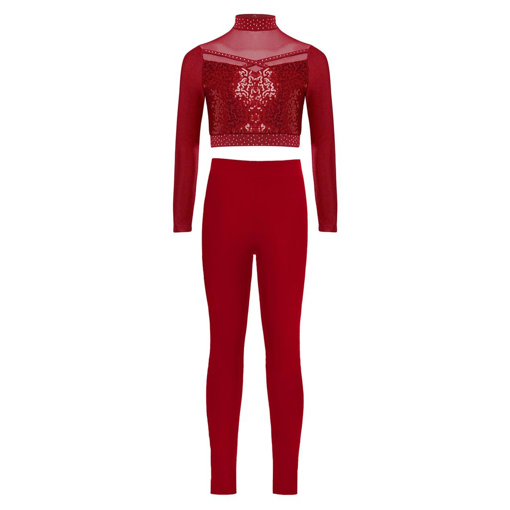 Girls Mock Neck Long Sleeve Mesh Patchwork Shiny Sequins Crop Top Elastic Waistband Leggings Jazz Dance